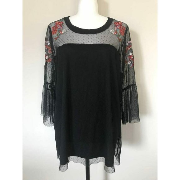 TORRID Floral Embroidered Mesh Top Size 1 Black Sheer Flared Sleeves Lined - Picture 2 of 8